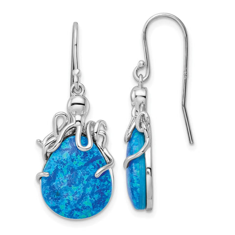 Sterling Silver Rhodium-plated Blue Created Opal Octopus Dangle Earrings-WBC-QE15799