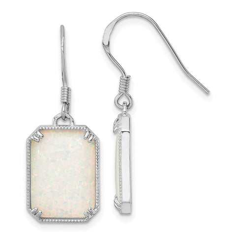 Sterling Silver RH-plated White Created Opal Beaded Border Earrings-WBC-QE15801