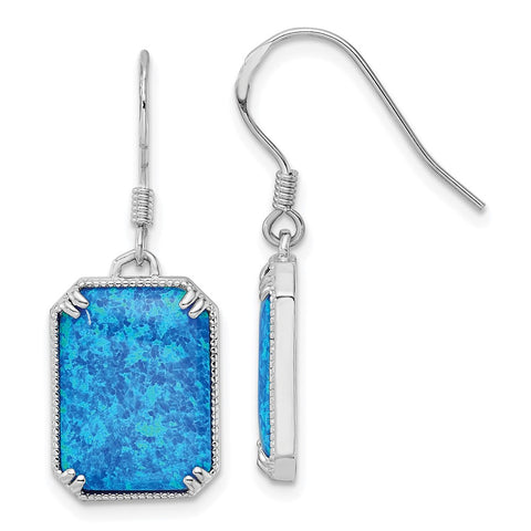 Sterling Silver RH-plated Blue Created Opal Beaded Border Earrings-WBC-QE15802