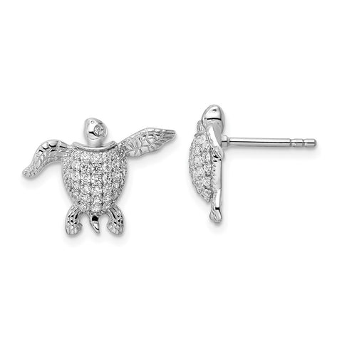 Sterling Silver Rhodium-plated CZ Sea Turtle Post Earrings-WBC-QE15807