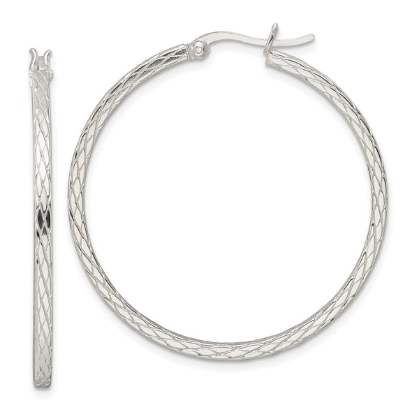 Sterling Silver Diamond Pattern Hoop Earrings-WBC-QE15845