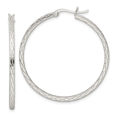 Sterling Silver Diamond Pattern Hoop Earrings-WBC-QE15845