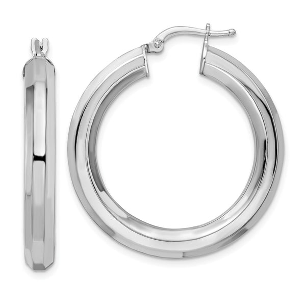 Sterling Silver Rhodium-pltd 5x34mm Octagon Tube Hoop Earrings-WBC-QE15867