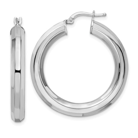 Sterling Silver Rhodium-pltd 5x34mm Octagon Tube Hoop Earrings-WBC-QE15867