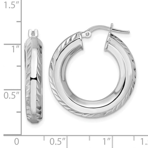 Sterling Silver Rhodium-pltd 5x24mm D/C Octagon Tube Hoop Earrings-WBC-QE15869