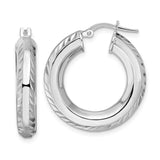 Sterling Silver Rhodium-pltd 5x24mm D/C Octagon Tube Hoop Earrings-WBC-QE15869