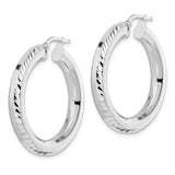 Sterling Silver Rhodium-pltd 5x34mm D/C Octagon Tube Hoop Earrings-WBC-QE15871