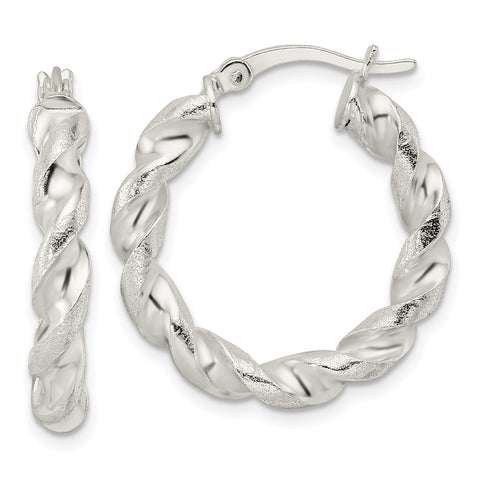 Sterling Silver Polished & Textured Twisted Circle Hoop Earrings-WBC-QE15884