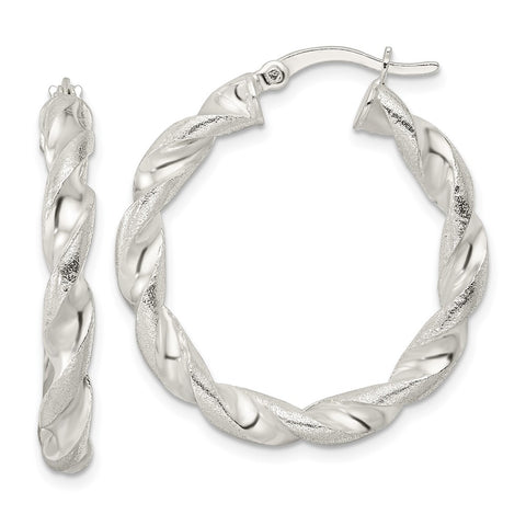 Sterling Silver Polished & Textured Twisted Circle Hoop Earrings-WBC-QE15885