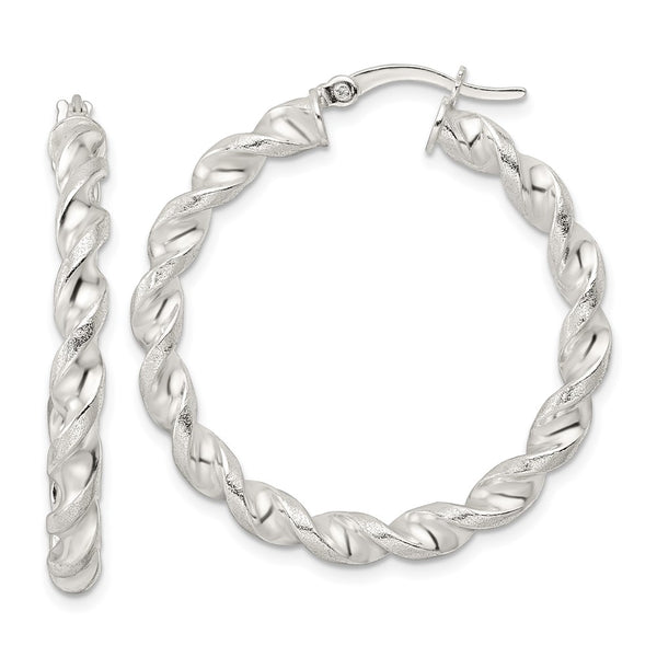 Sterling Silver Polished & Textured Twisted Circle Hoop Earrings-WBC-QE15886