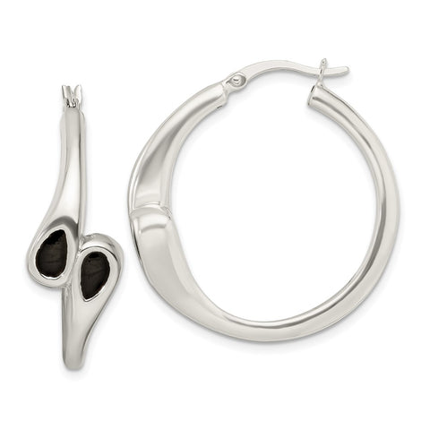 Sterling Silver Polished Black Enamel Hearts Circle Hoop Earrings-WBC-QE15916