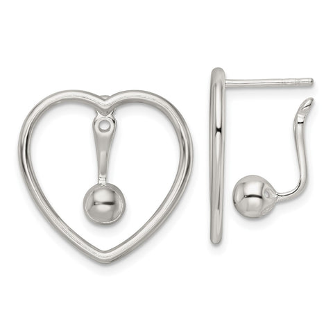Sterling Silver Polished Heart w/Drop and Dangle Ball Threader Post Earring-WBC-QE16019