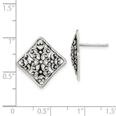 Sterling Silver Antiqued Square Filigree Post Earrings-WBC-QE16038