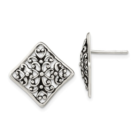Sterling Silver Antiqued Square Filigree Post Earrings-WBC-QE16038
