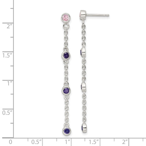 Sterling Silver Chain w/Pink and Purple Bezel CZs Dangle Post Earrings-WBC-QE16056