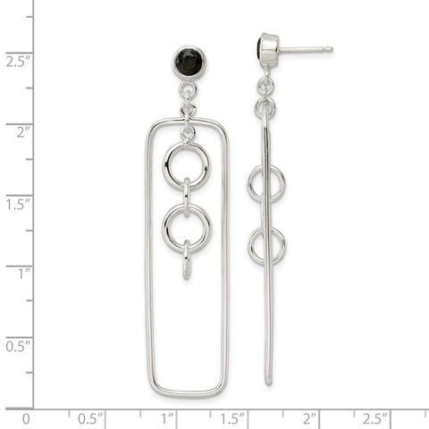 Sterling Silver Black CZ Rectangle and Chain Dangle Post Earrings-WBC-QE16065