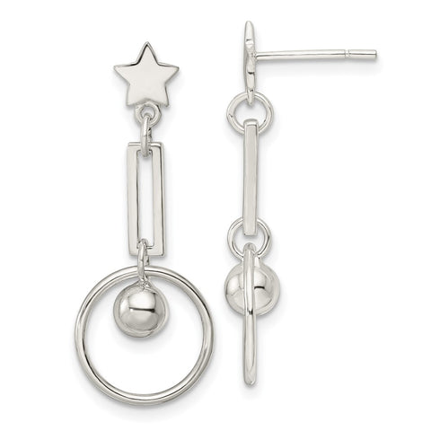 Sterling Silver Polished Star and Circle Dangle Post Earrings-WBC-QE16074