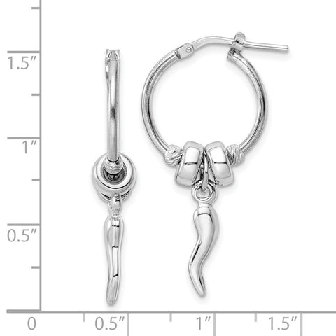 Sterling Silver Rhodium-plated D/C Bead Italian Horn Dangle Hoop Earrings-WBC-QE16083
