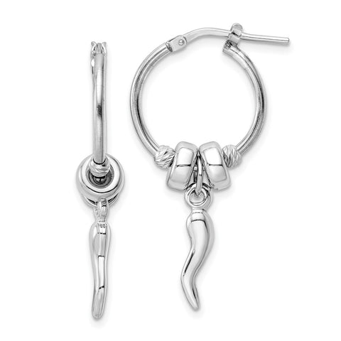 Sterling Silver Rhodium-plated D/C Bead Italian Horn Dangle Hoop Earrings-WBC-QE16083