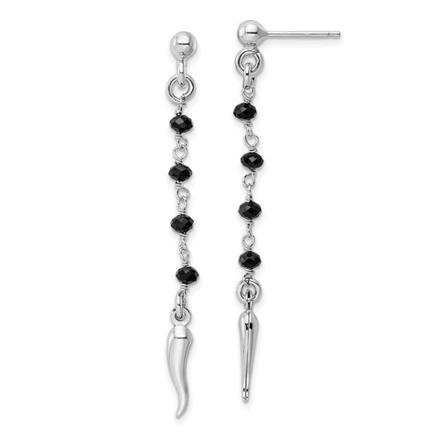Sterling Silver Rhodium-plated Black Glass Beads Italian Horn Dangle Earrin-WBC-QE16085