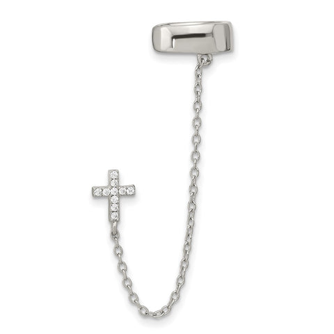 Sterling Silver Rhodium-plated CZ Cross 1 Individual Post with Cuff Earring-WBC-QE16112