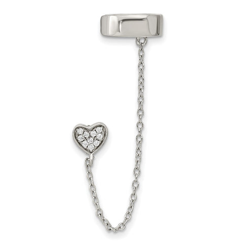 Sterling Silver Rhodium-plated CZ Heart 1 Individual Post with Cuff Earring-WBC-QE16113