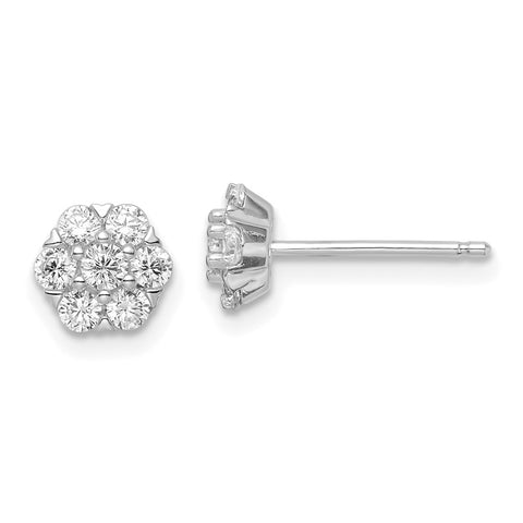 Sterling Silver Polished Rhodium-plated CZ Flower Post Earrings-WBC-QE16116