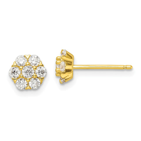 Sterling Silver Polished Gold-tone CZ Flower Post Earrings-WBC-QE16117