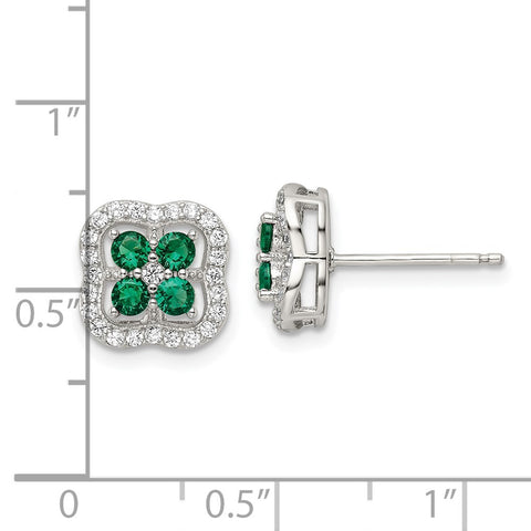 Sterling Silver Rhodium-plated Green and Clear CZ Clover Post Earrings-WBC-QE16163