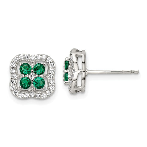 Sterling Silver Rhodium-plated Green and Clear CZ Clover Post Earrings-WBC-QE16163