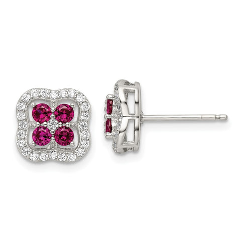 Sterling Silver Rhodium-plated Created Ruby and CZ Clover Post Earrings-WBC-QE16164