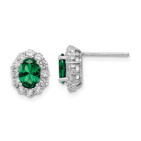 Sterling Silver Polished Rhodium-plated Green and Clear CZ Post Earrings-WBC-QE16166