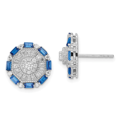Sterling Silver Rhodium-plated Polished Blue & White Fancy CZ Post Earrings-WBC-QE16172