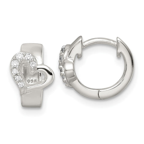 Sterling Silver Polished CZ Heart Hinged Hoop Earrings-WBC-QE16283