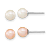 Sterling Silver Rh-pl 6-7mm Set of 2 White/Pink Round FWC Pearl Earrings-WBC-QE16318
