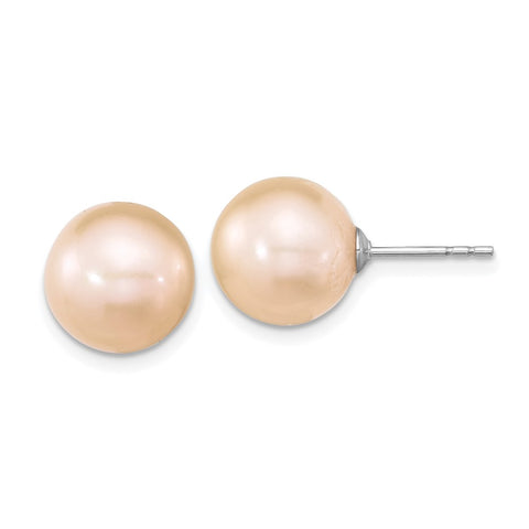 Sterling Silver Rhodium-plated 10-11mm Pink Round FWC Pearl Post Earrings-WBC-QE16326