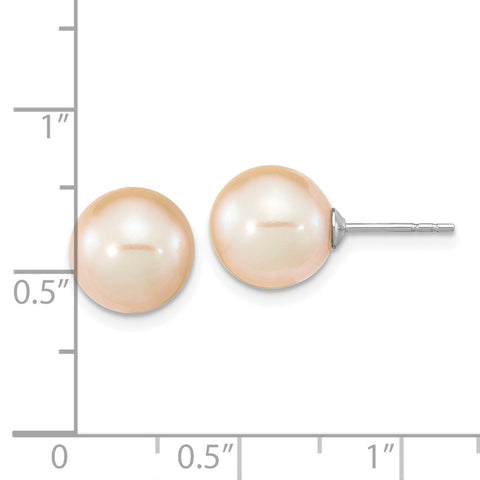 Sterling Silver Rhodium-plated 9-10mm Pink Round FWC Pearl Post Earrings-WBC-QE16328
