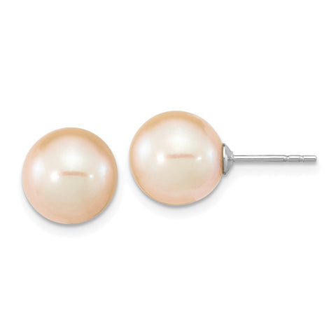 Sterling Silver Rhodium-plated 9-10mm Pink Round FWC Pearl Post Earrings-WBC-QE16328