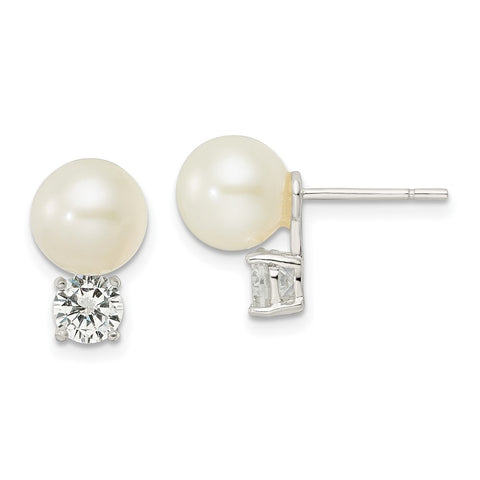 Sterling Silver CZ and 7-8mm Shell Pearl Post Earrings-WBC-QE16338