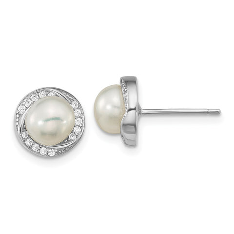 Sterling Silver Rho-plated CZ 6-7mm White Button FWC Pearl Post Earrings-WBC-QE16339