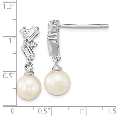 Sterling Silver Rhod-plated CZ 5-6mm White Rice FWC Pearl Post Dangle Earri-WBC-QE16344