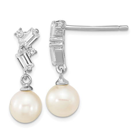 Sterling Silver Rhod-plated CZ 5-6mm White Rice FWC Pearl Post Dangle Earri-WBC-QE16344