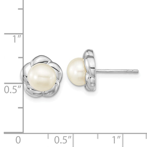 Sterling Silver Rho-plated 6-7mm White Button FWC Pearl Post Earrings-WBC-QE16345