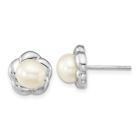 Sterling Silver Rho-plated 6-7mm White Button FWC Pearl Post Earrings-WBC-QE16345