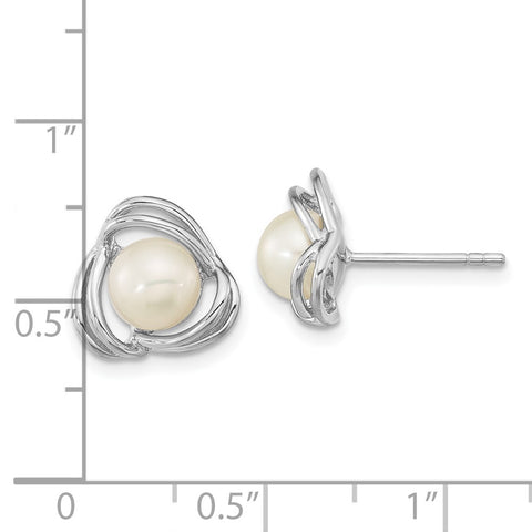 Sterling Silver Rhod-plated 6-7mm White Button Post Dangle Earrings-WBC-QE16346
