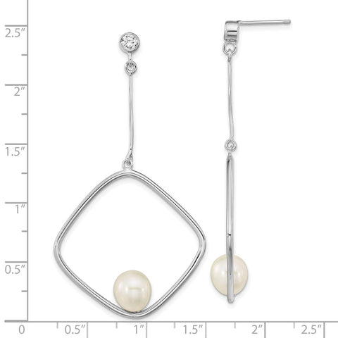 Sterling Silver Rho-plated 7-8mm White Rice FWC Pearl CZ Dangle Earrings-WBC-QE16353