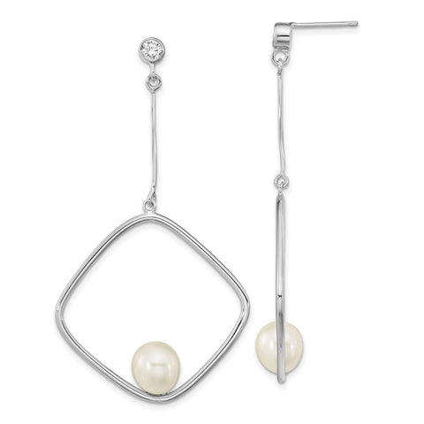 Sterling Silver Rho-plated 7-8mm White Rice FWC Pearl CZ Dangle Earrings-WBC-QE16353