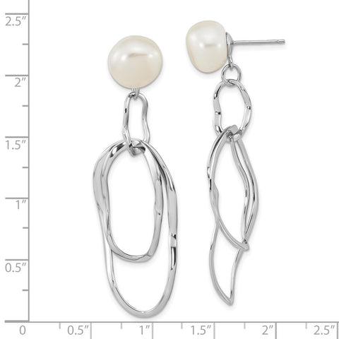 Sterling Silver Rhod-plated 10-11mm White Baroque FWC Pearl Dangle Earrings-WBC-QE16356