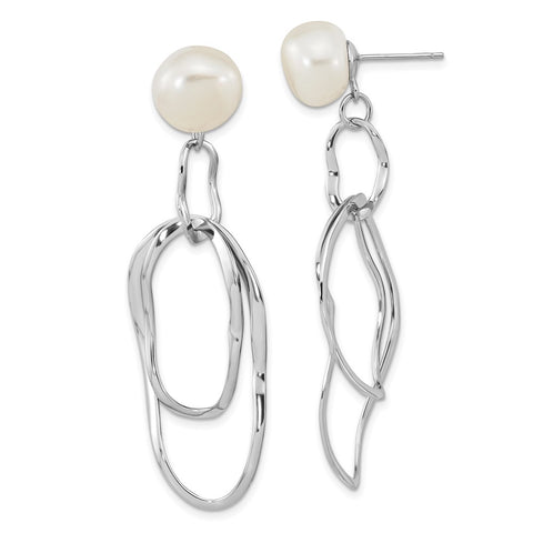 Sterling Silver Rhod-plated 10-11mm White Baroque FWC Pearl Dangle Earrings-WBC-QE16356