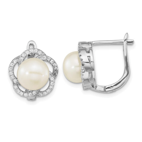Sterling Silver Rhod-pl CZ 8-9mm White Button FWC Pearl Omega Back Earrings-WBC-QE16362